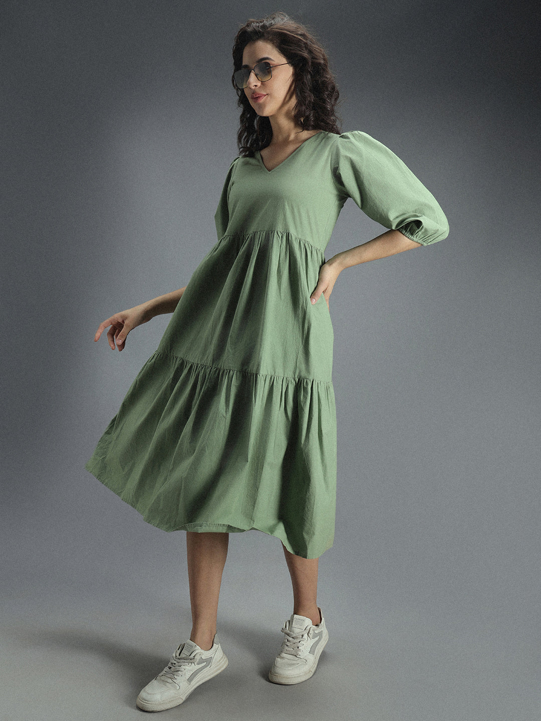 V-Neck Puff Sleeve Gathered Tiered Cotton A-Line Midi Dress