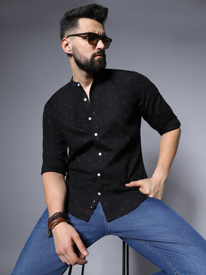 Micro Ditsy Mandarin Collar Cotton Casual Shirt