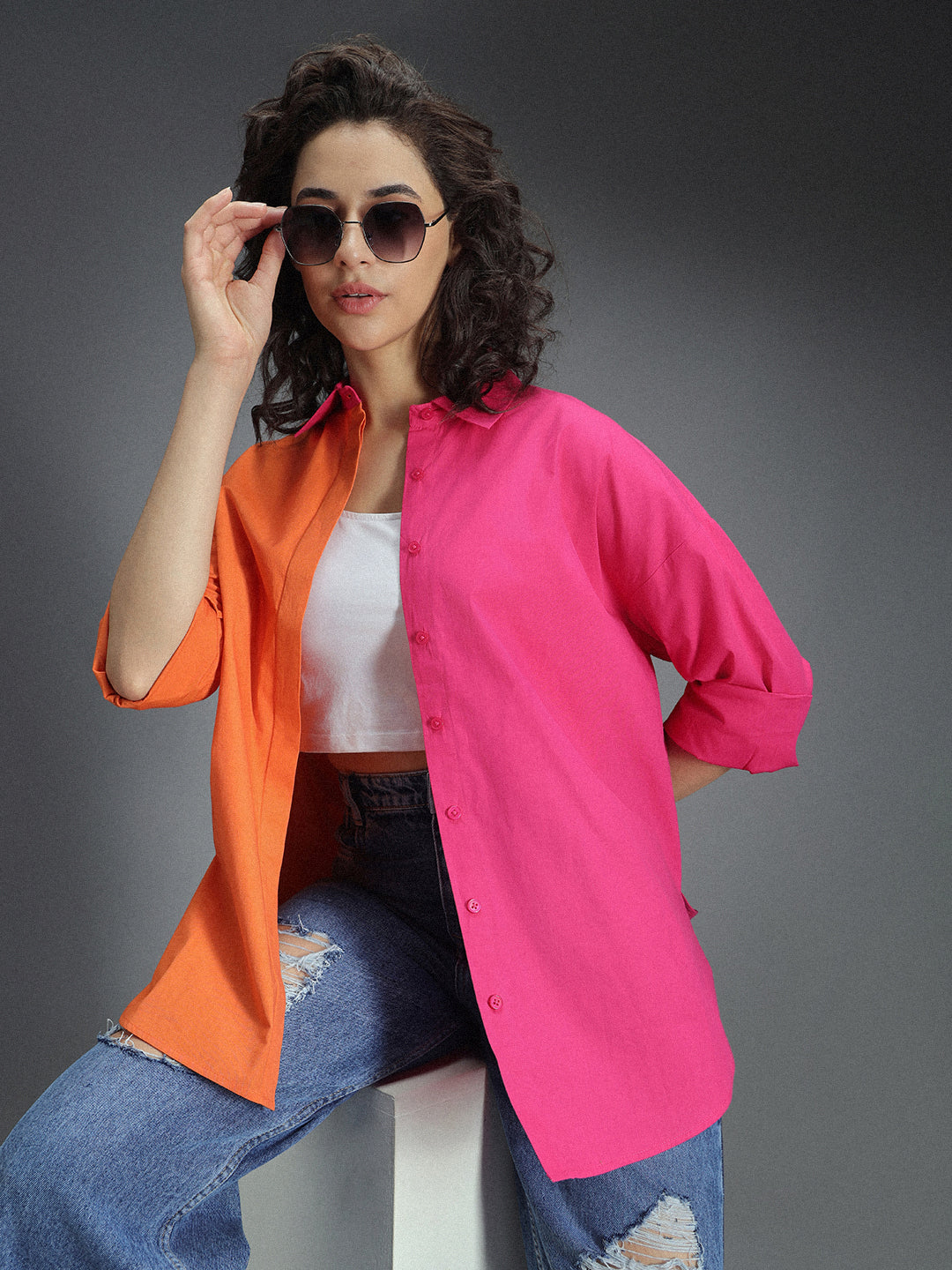 Classic Colourblocked Oversized Pure Cotton Casual Shirt