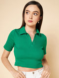 Shirt Collar Short Sleeves Pure Cotton Crop Fitted Top