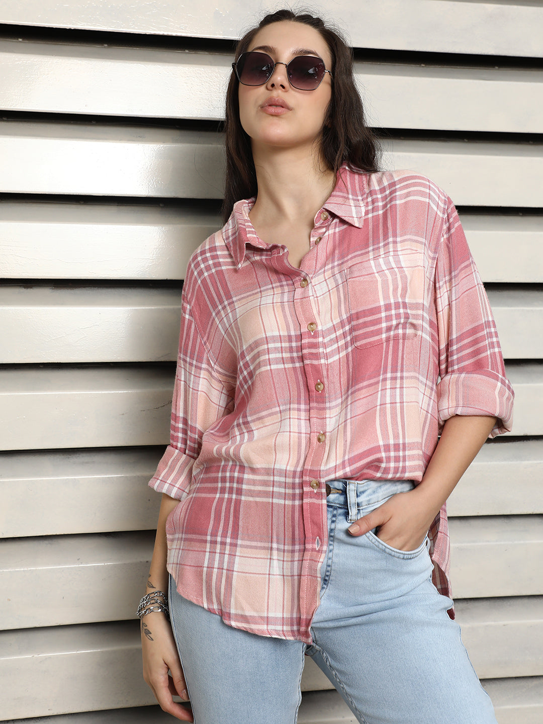 Classic Tartan Checks Spread Collar Cotton Oversized Casual Shirt