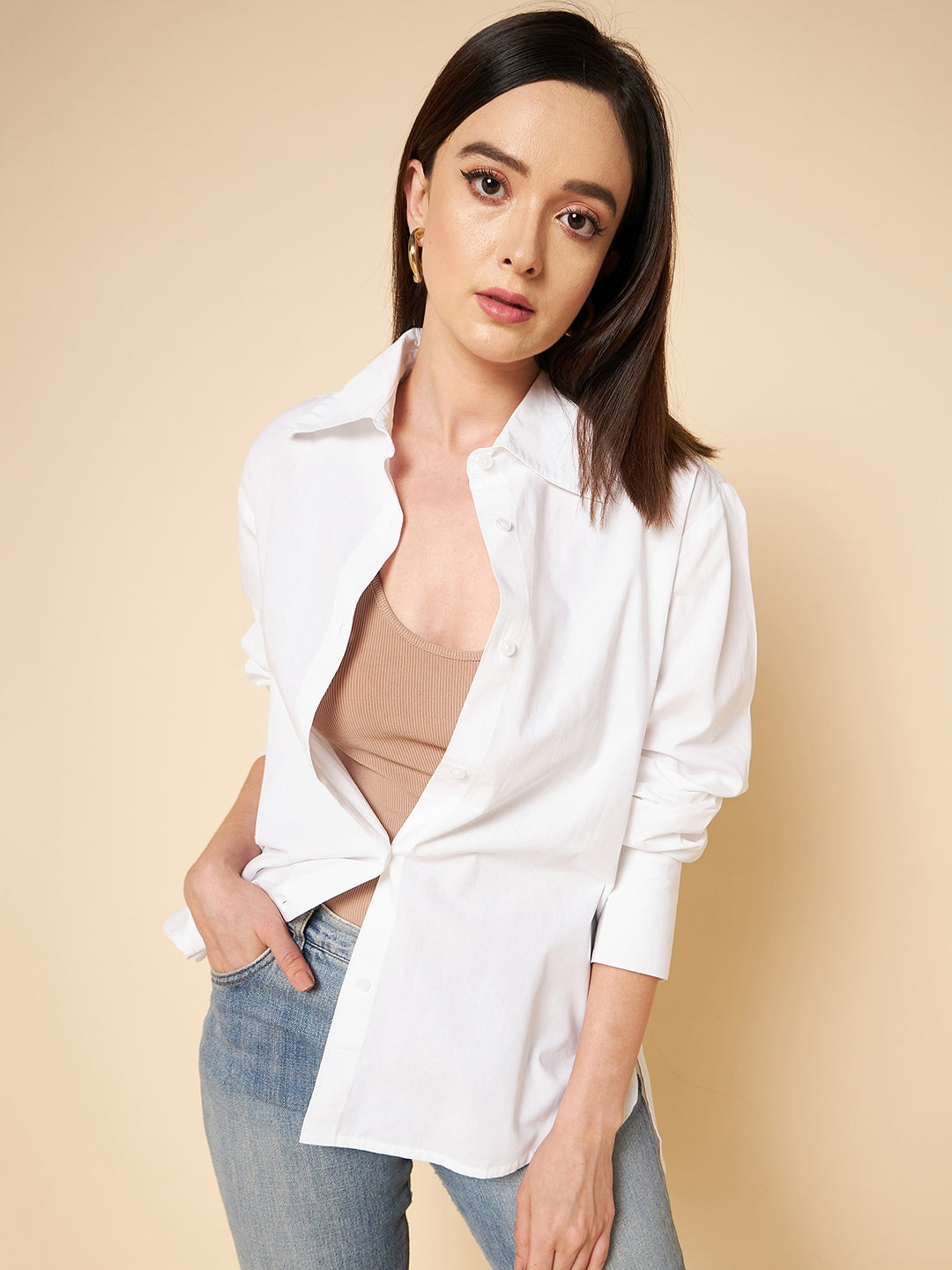 Boxy Fit Solid Cotton White Casual Shirt