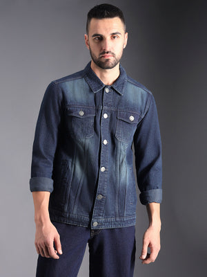 Washed Spread Collar Long Sleeves Denim Jacket