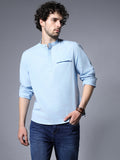 Classic Mandarin Collar Roll-Up Sleeves Pure Cotton Casual Shirt