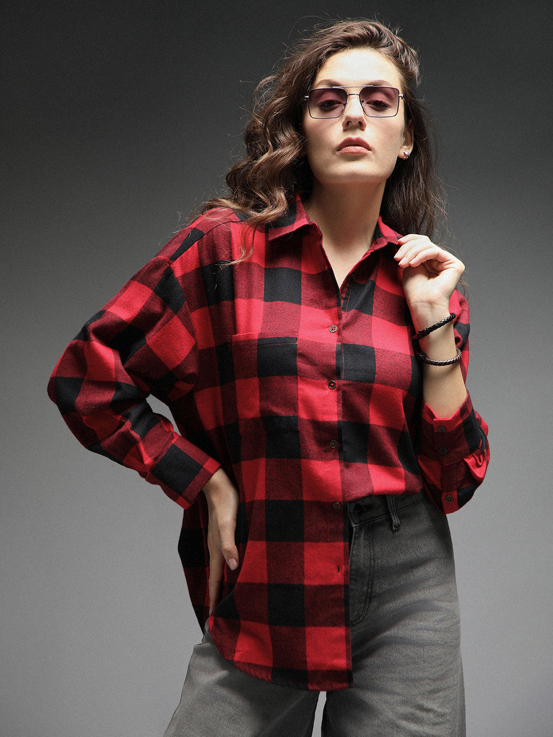 Standard Oversized Checked Spread Collar Long Sleeves Casual Shirt