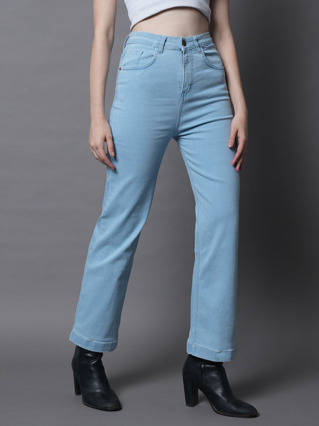 Women Blue Wide Leg High-Rise Clean Look Stretchable Jeans