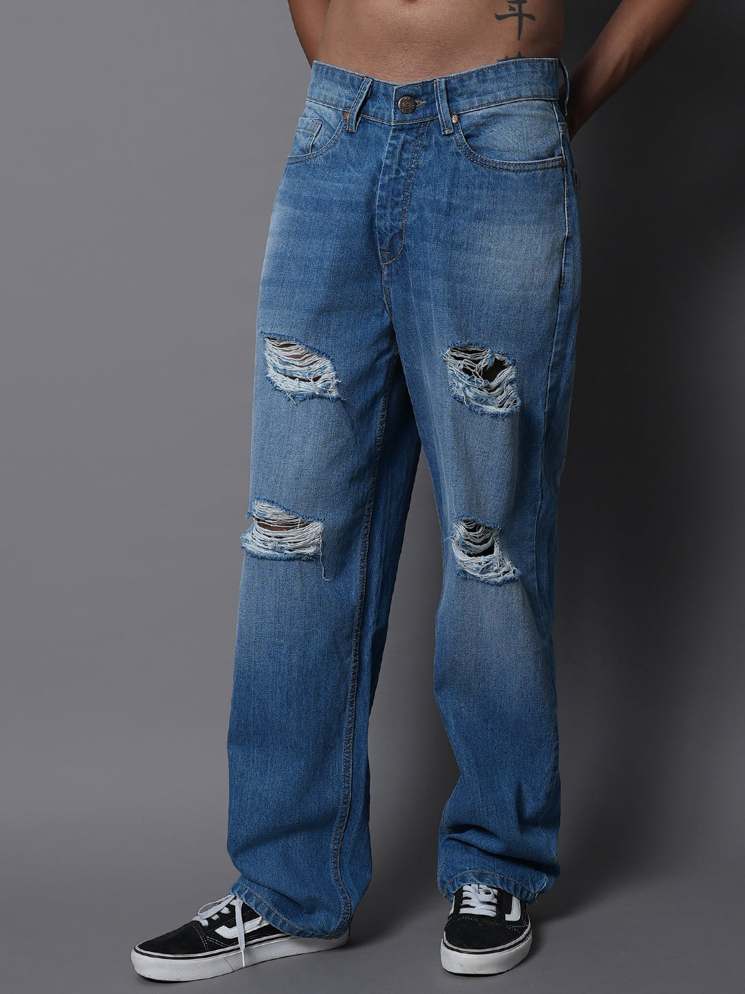 Men Wide Leg Mid-Rise Highly Distressed Light Fade Cotton Jeans