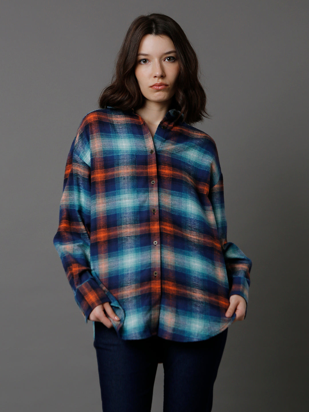 Standard Oversized Tartan Checks Spread Collar Long Sleeves Casual Shirt