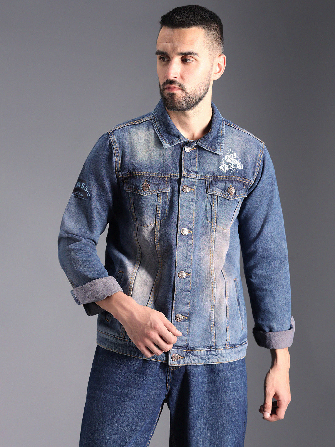 Washed Spread Collar Long Sleeves Denim Jacket