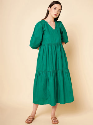 V-Neck Puff Sleeve Tiered Pure Cotton A-Line Midi Dress