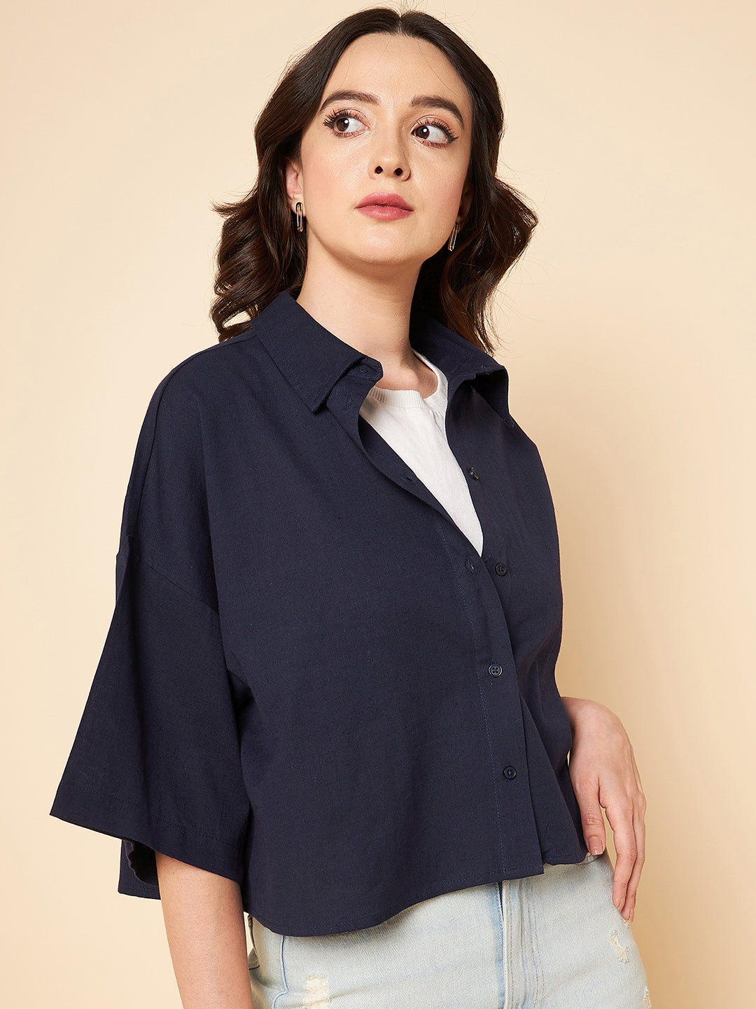 oversized solid cotton navy casual shirt