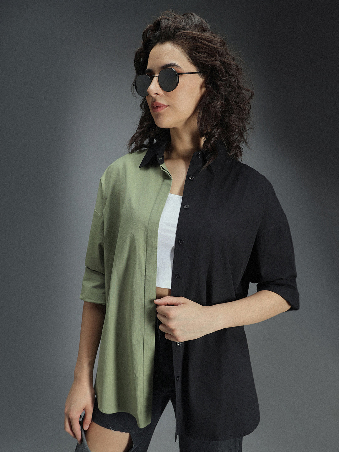 Classic Oversized Colourblocked Spread Collar Long Sleeves Cotton Casual Shirt