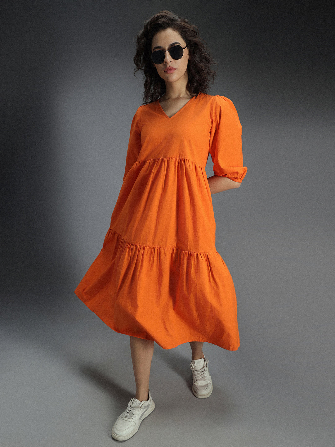 V-Neck Puff Sleeve Gathered Tiered Cotton A-Line Midi Dress