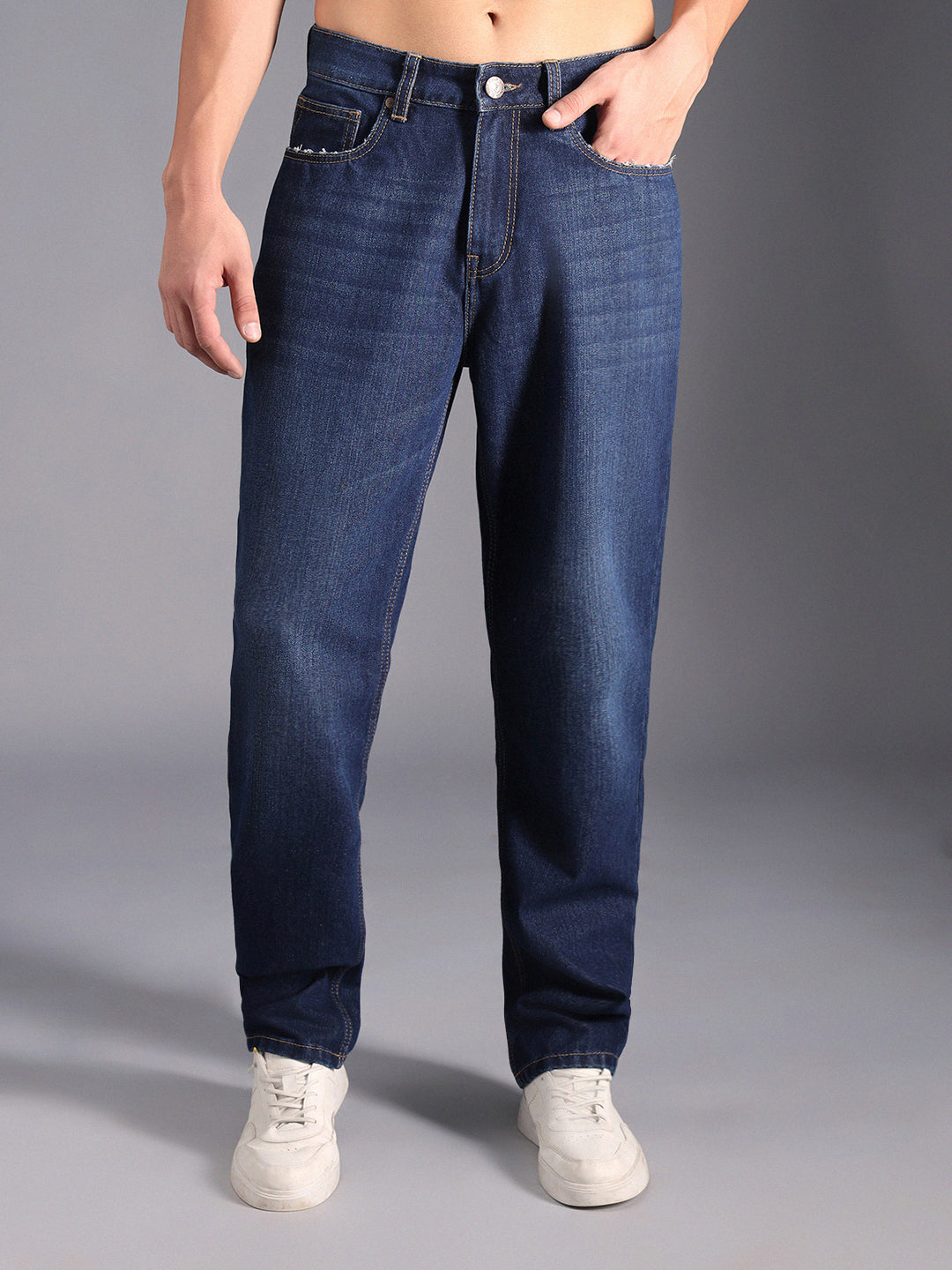 Men Mid Rise Straight Fit Light Fade Pure Cotton Jeans