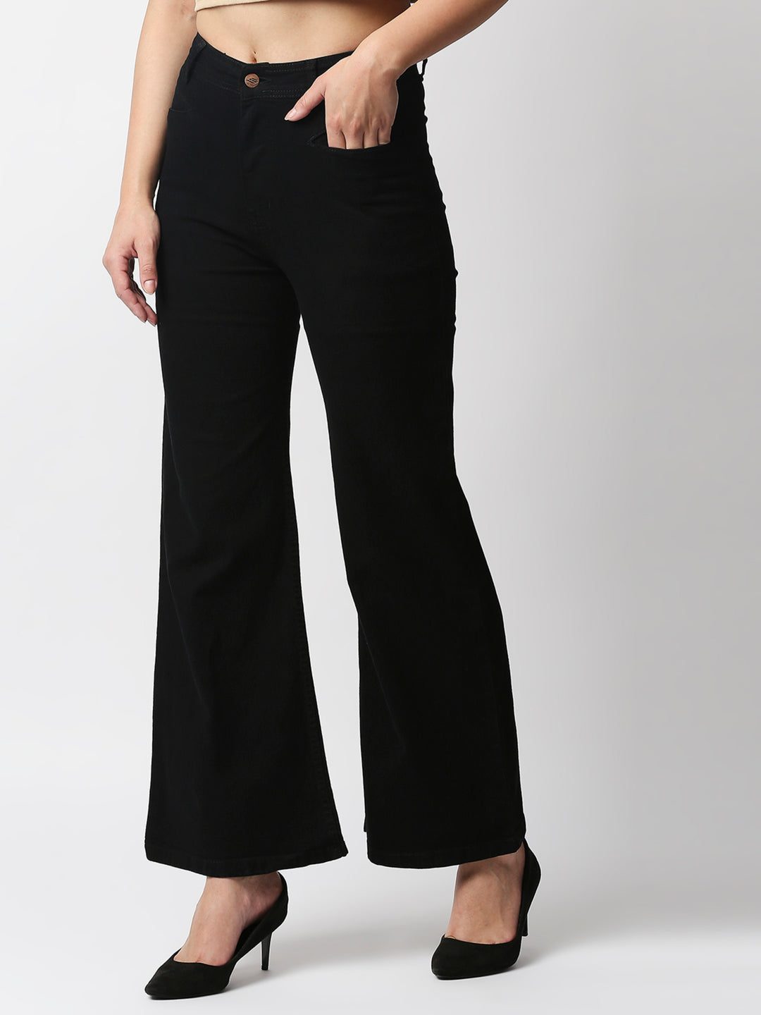 Women Black Wide Leg High-Rise Stretchable Jeans