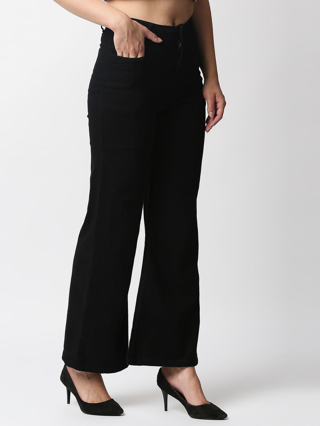 Women Black Wide Leg High-Rise Stretchable Jeans