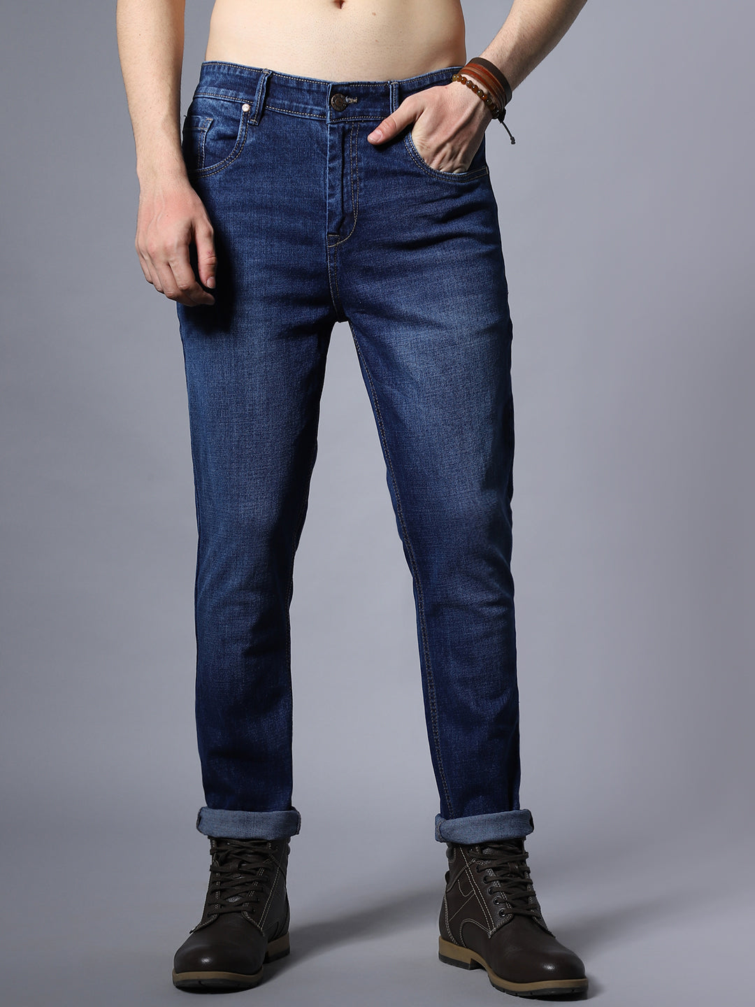 Men Straight Fit Mid Rise Light Fade Stretchable Jeans