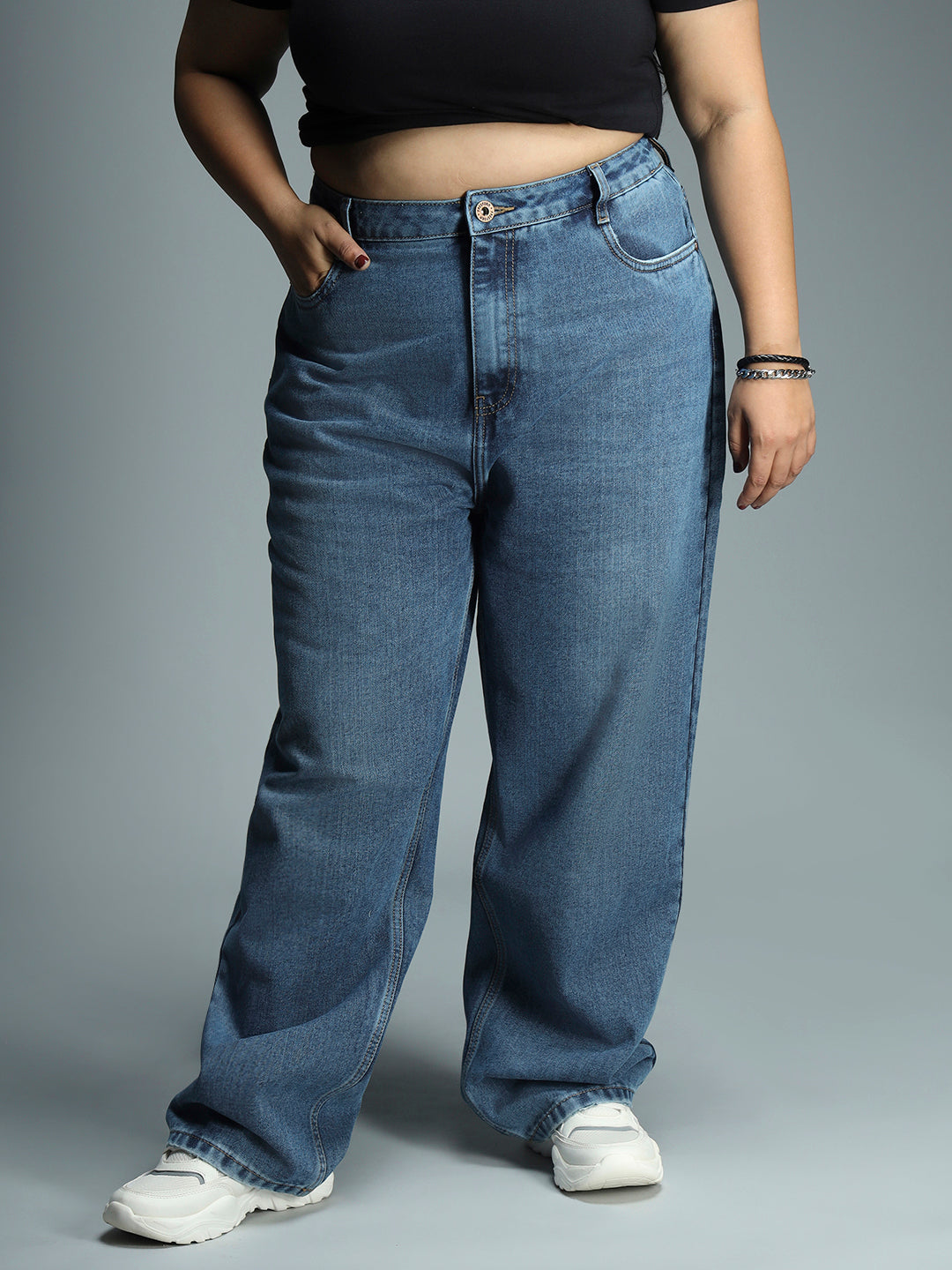 Women Plus Size 90s Straight Light Fade Pure Cotton Jeans