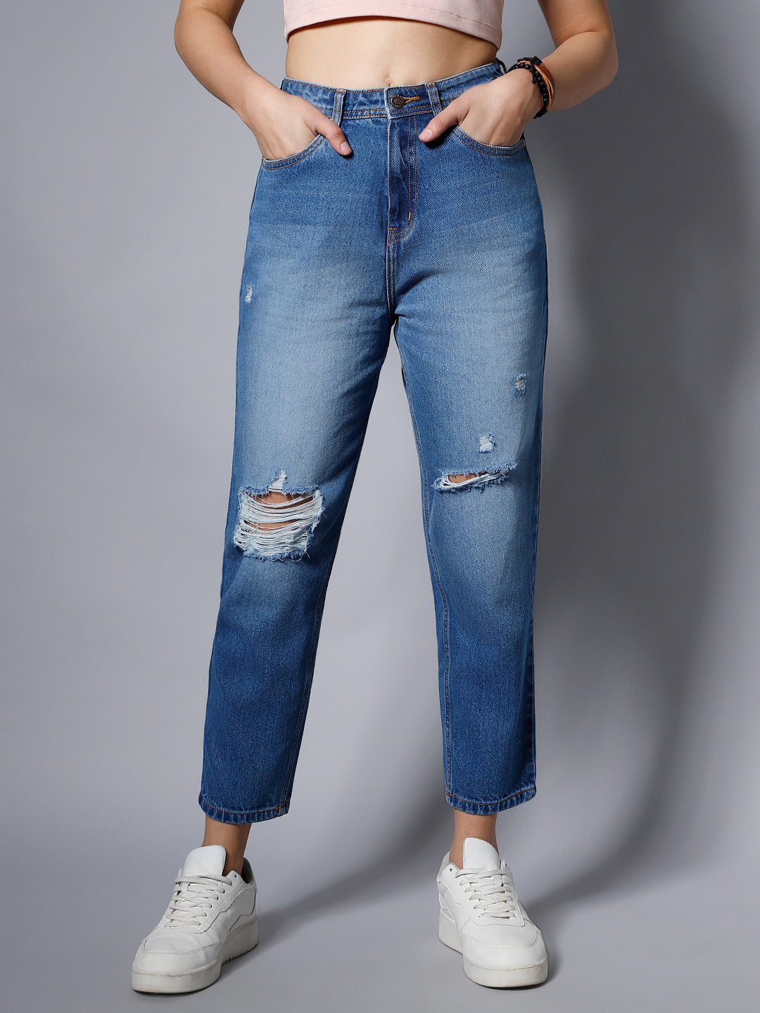 Women Blue High-Rise Mildly Distressed Light Fade Jeans