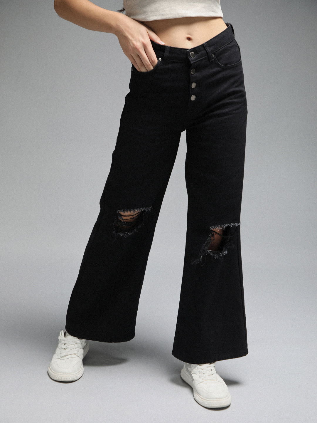 Women Wide Leg High-Rise Slash Knee Cotton Jeans