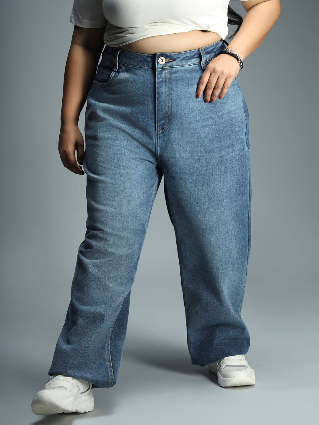 Women Plus Size 90s Straight High-Rise Pure Cotton Jeans