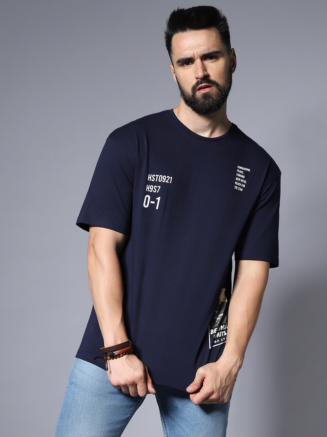 Men Blue Typography Applique T-shirt