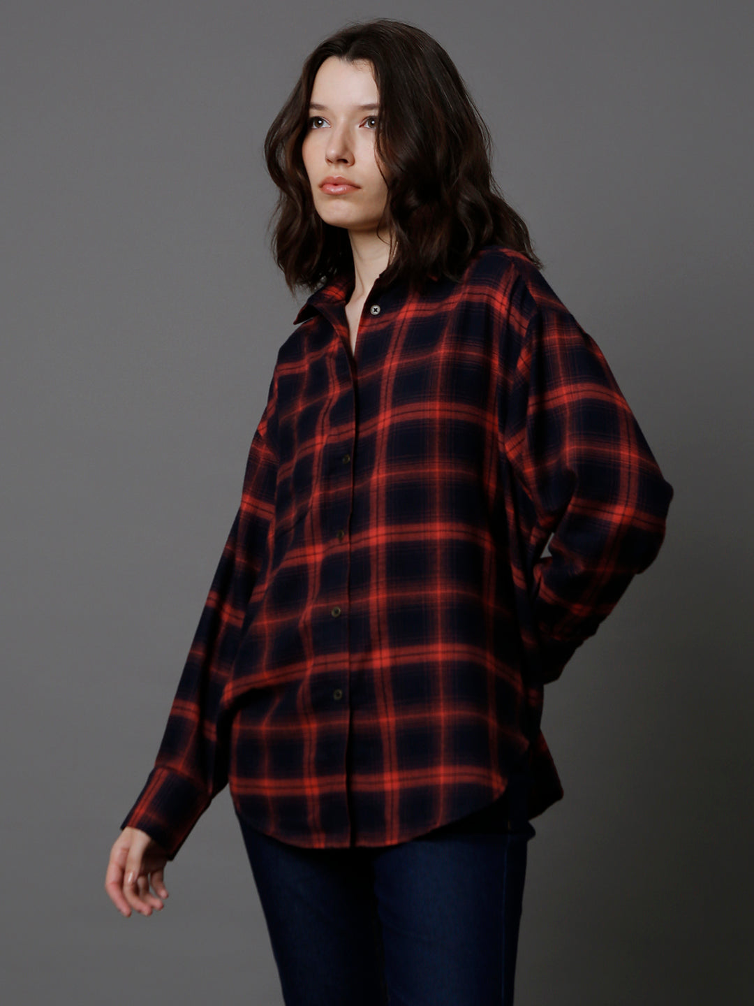 Classic Oversized Tartan Checks Spread Collar Long Sleeve Cotton Casual Shirt