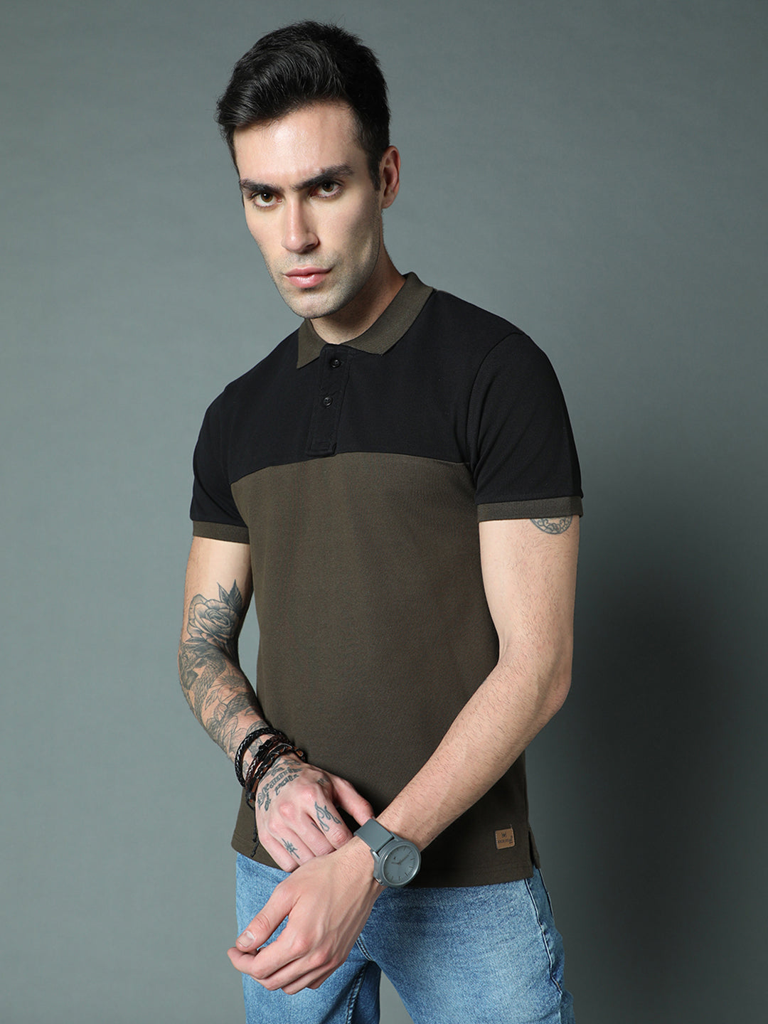 Colourblocked Polo Collar Pure Cotton T-shirt