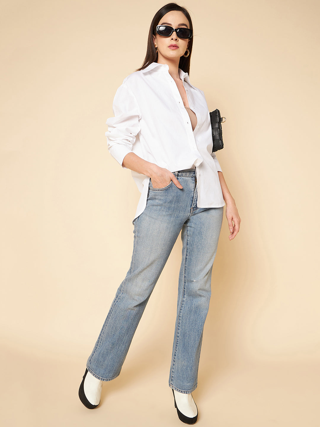 Boxy Fit Solid Cotton White Casual Shirt