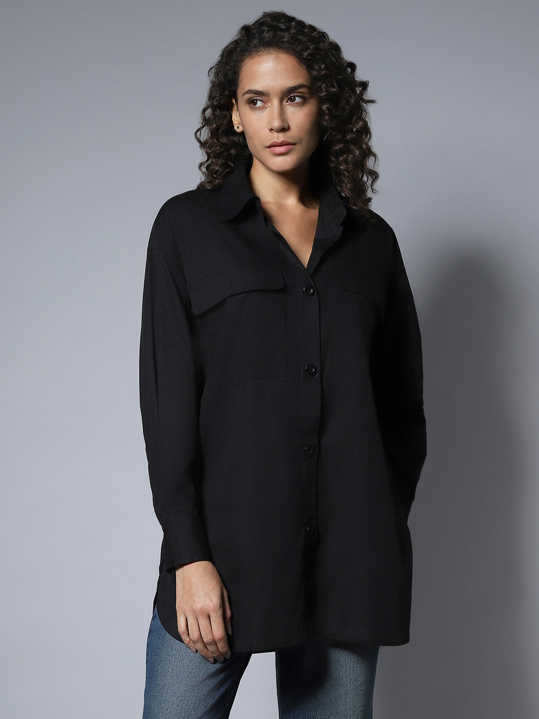 Cotton Spread Collar Long Sleeves Solid oversized longline Shirts