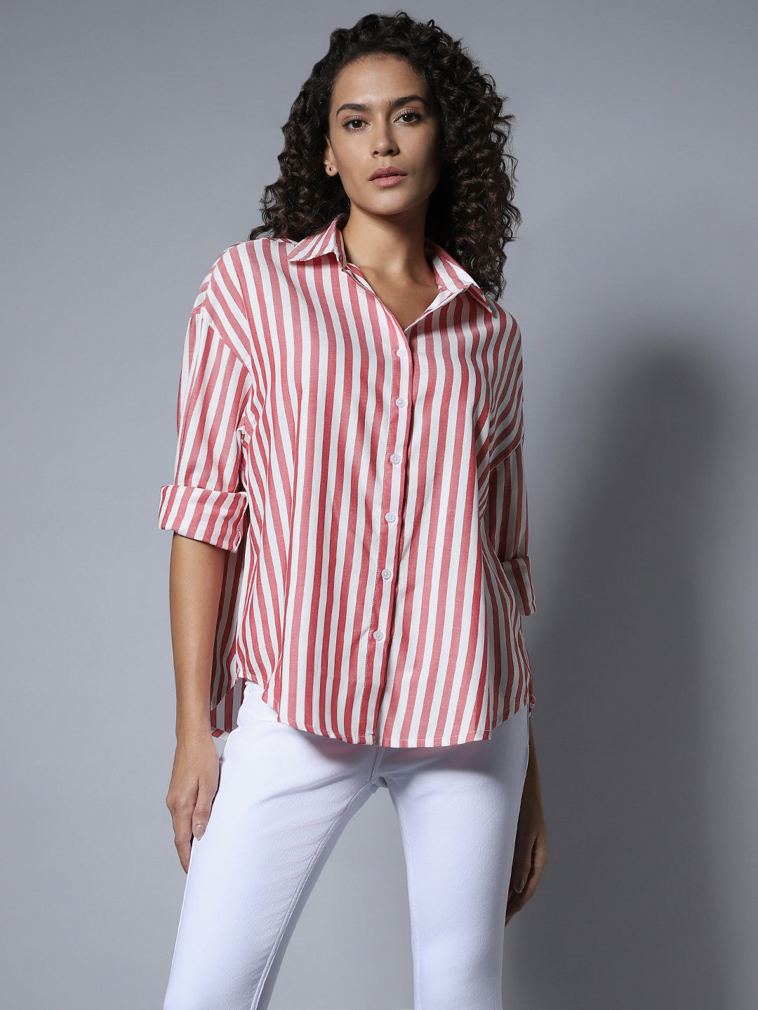 Cotton Spread Collar Long Sleeves Solid Boxy Longline Shirts