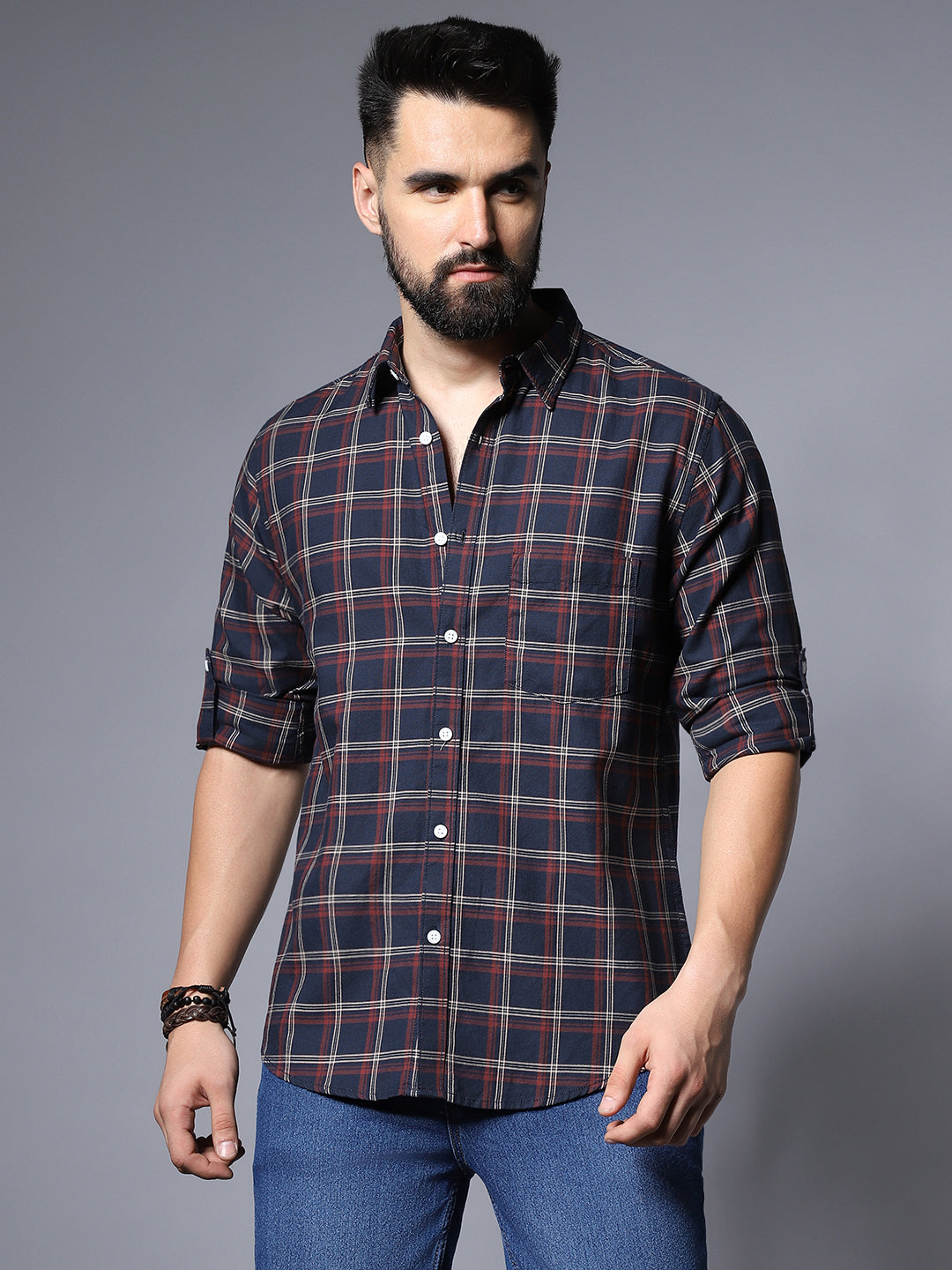 Men Classic Grid Tattersall Checked Casual Shirt