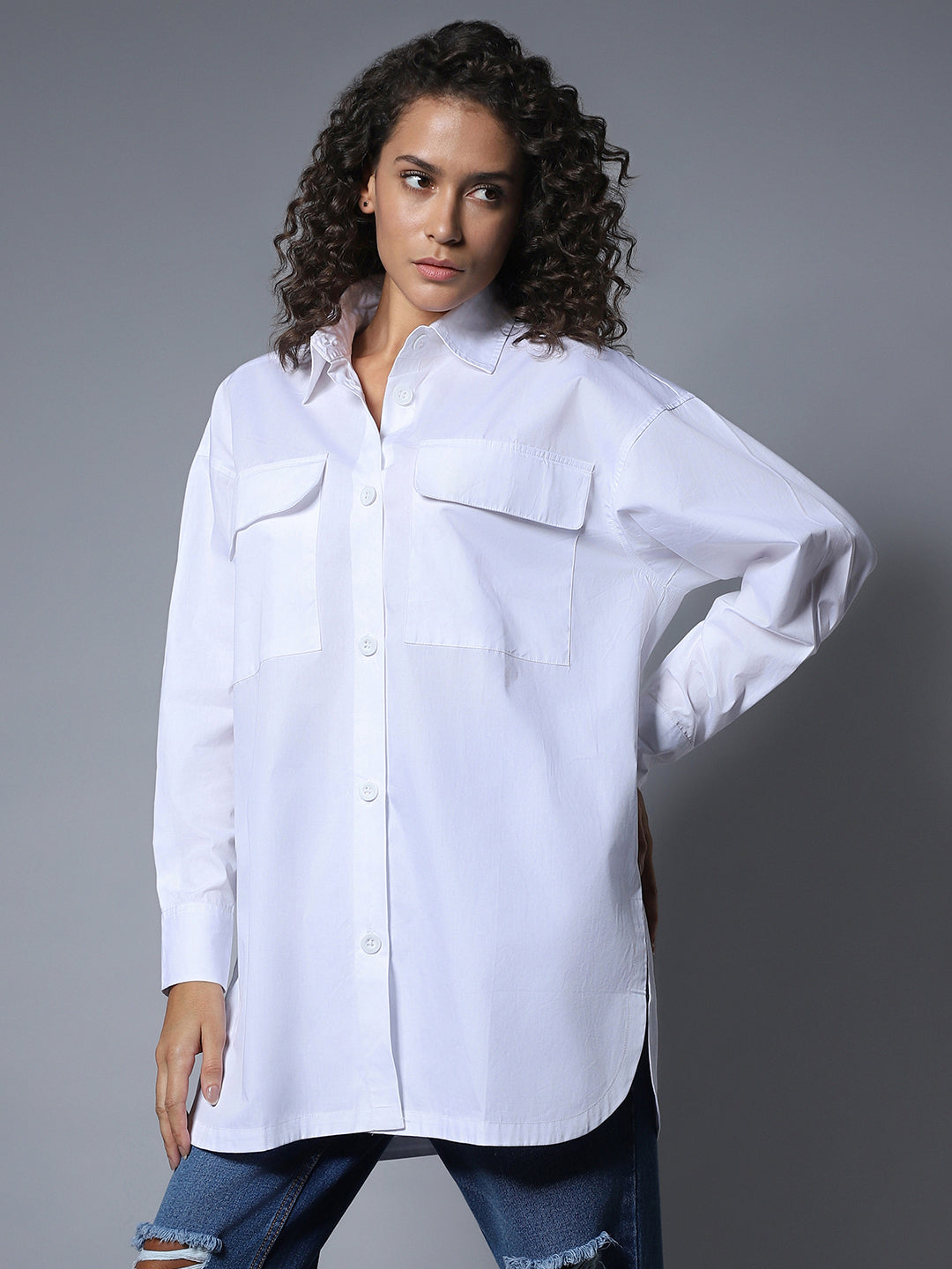 Cotton Spread Collar Long Sleeves Solid oversized longline Shirt