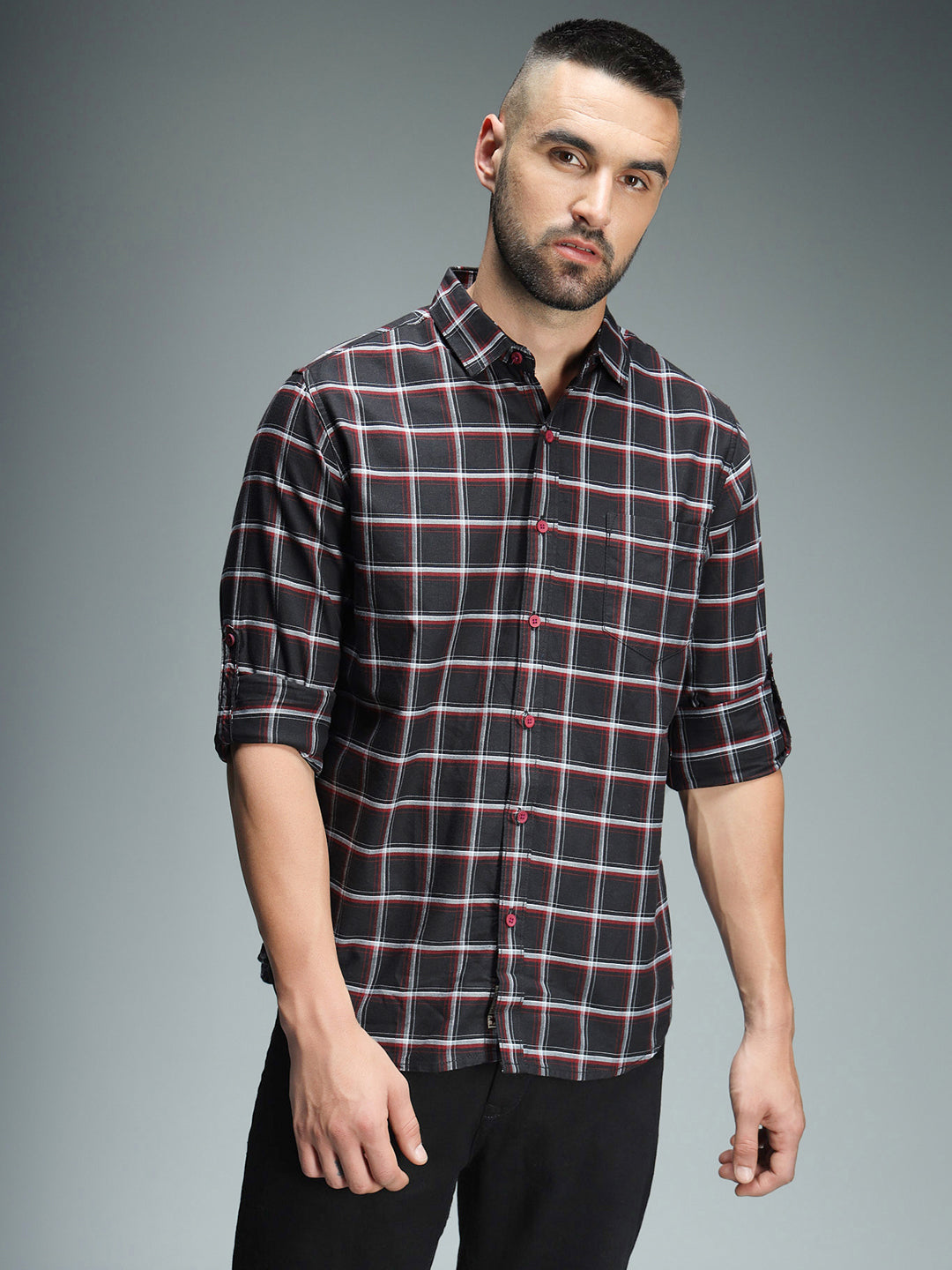 Classic Windowpane Checks Spread Collar Long Sleeves Cotton Casual Shirt