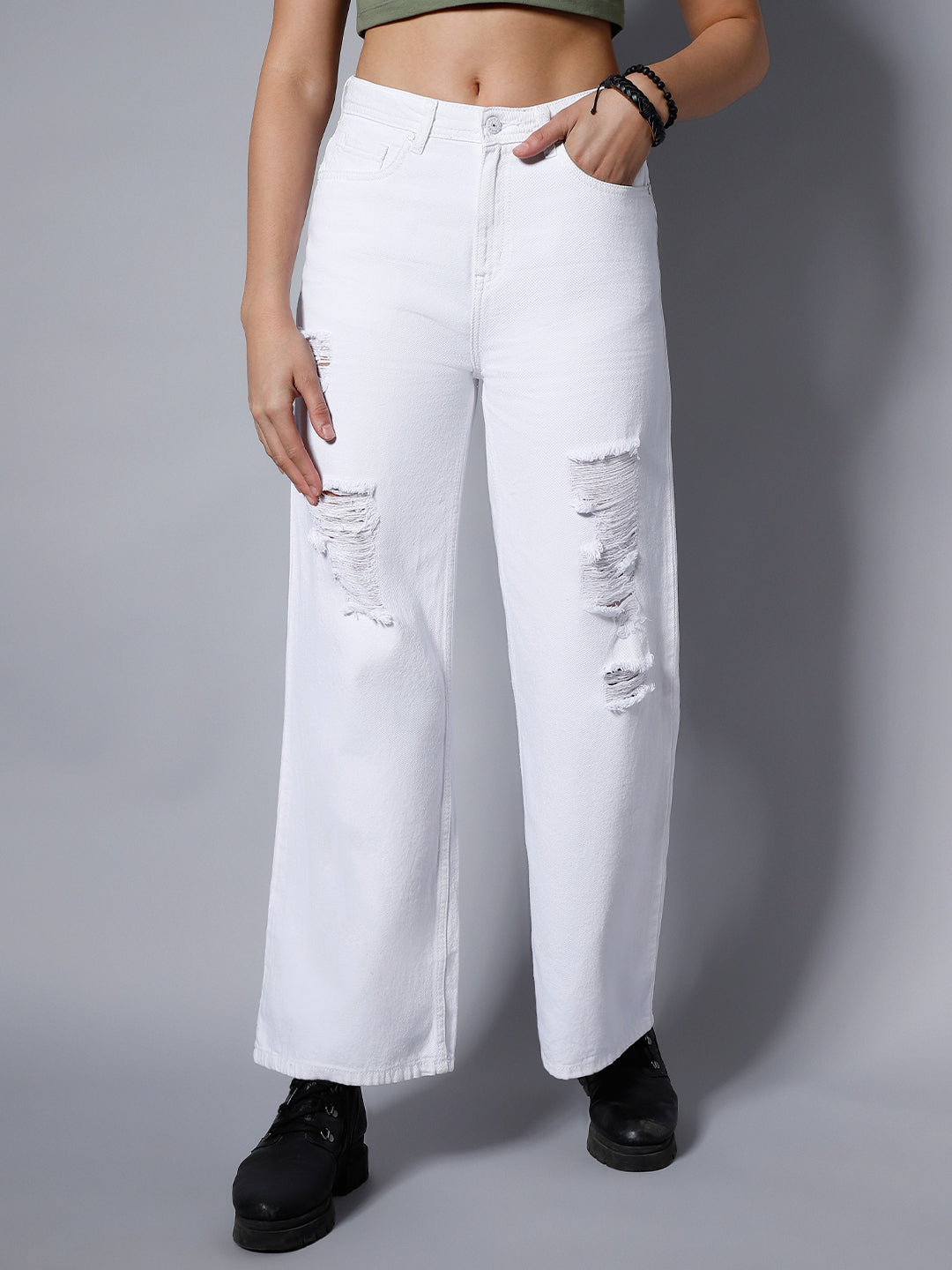 Women White Wide Leg High-Rise Mildly Distressed Jeans