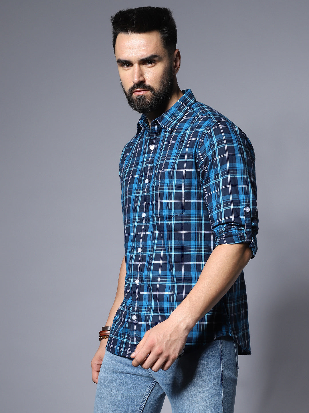 Men Blue Classic Opaque Checked Casual Shirt