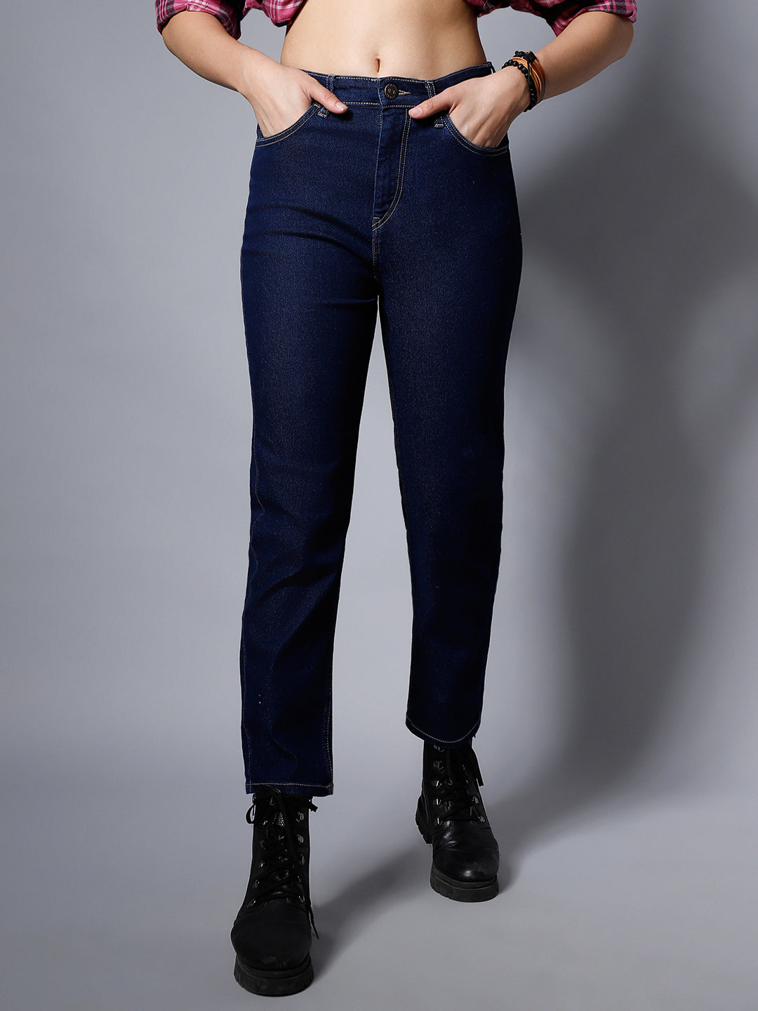 Women Blue Straight Fit High-Rise Low Distress Stretchable Jeans