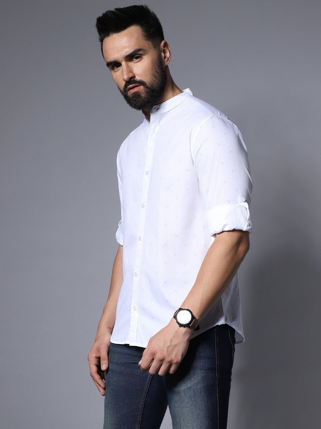 Classic Band Collar Roll-Up Sleeves Casual Pure Cotton Shirt