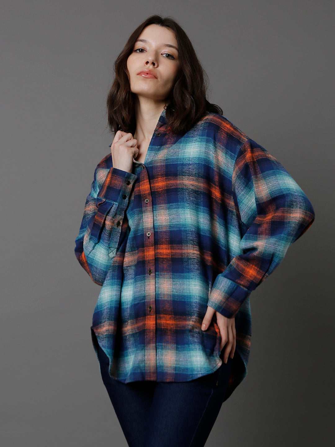 Standard Oversized Tartan Checks Spread Collar Long Sleeves Casual Shirt