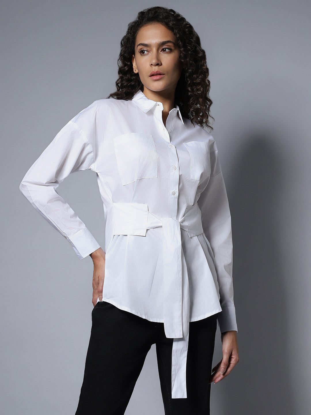 Cotton Spread Collar Long Sleeves Solid Boxy Longline Shirts