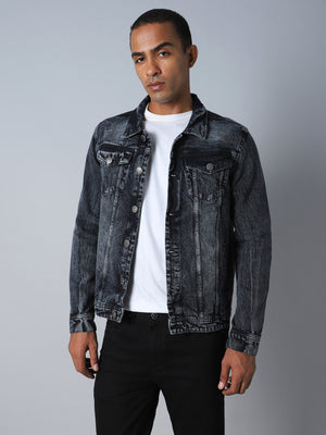 Washed Spread Collar Long Sleeves Denim Jacket