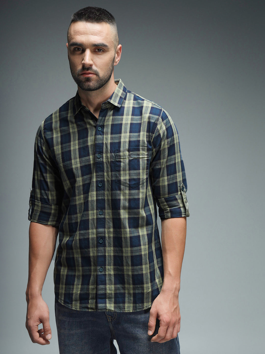 Classic Tartan Checks Spread Collar Long Sleeves Cotton Casual Shirt