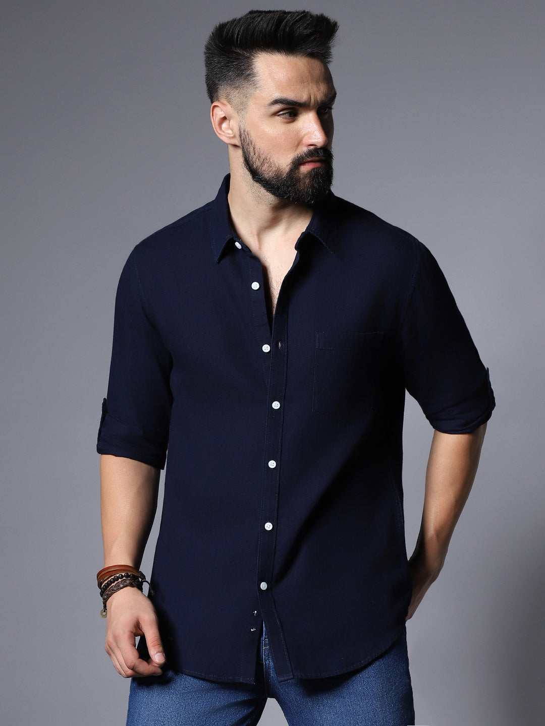 Classic Roll-Up Sleeves Pure Cotton Casual Shirt