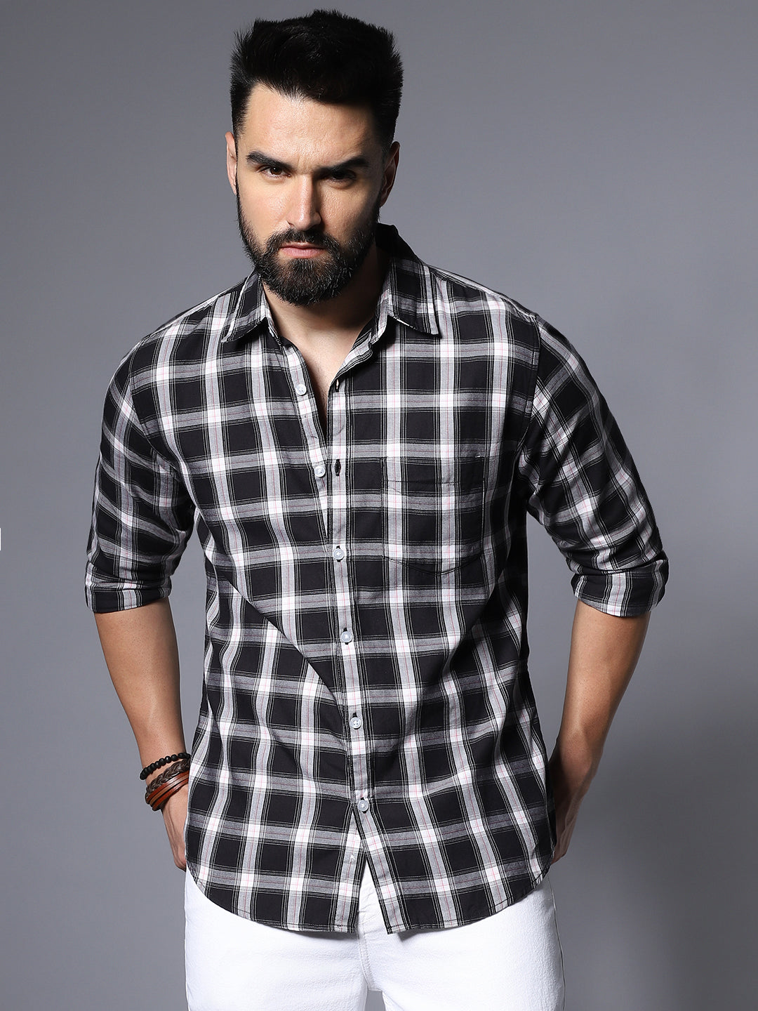 Checked Spread Collar Opaque Cotton Casual Shirt