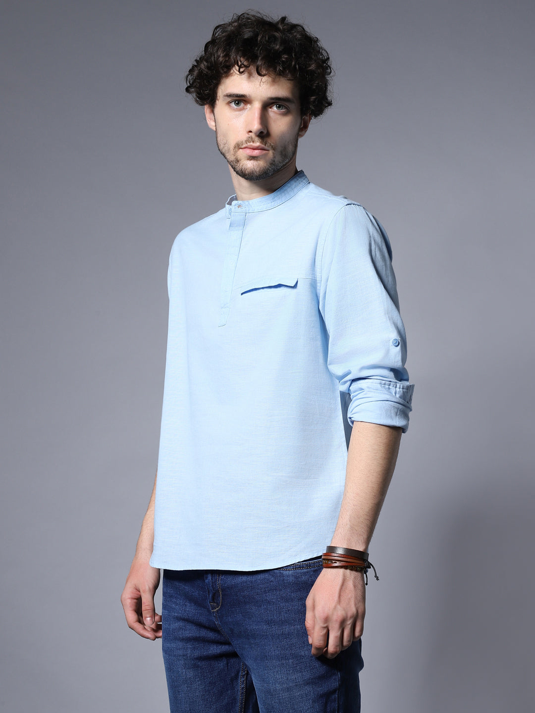 Classic Mandarin Collar Roll-Up Sleeves Pure Cotton Casual Shirt