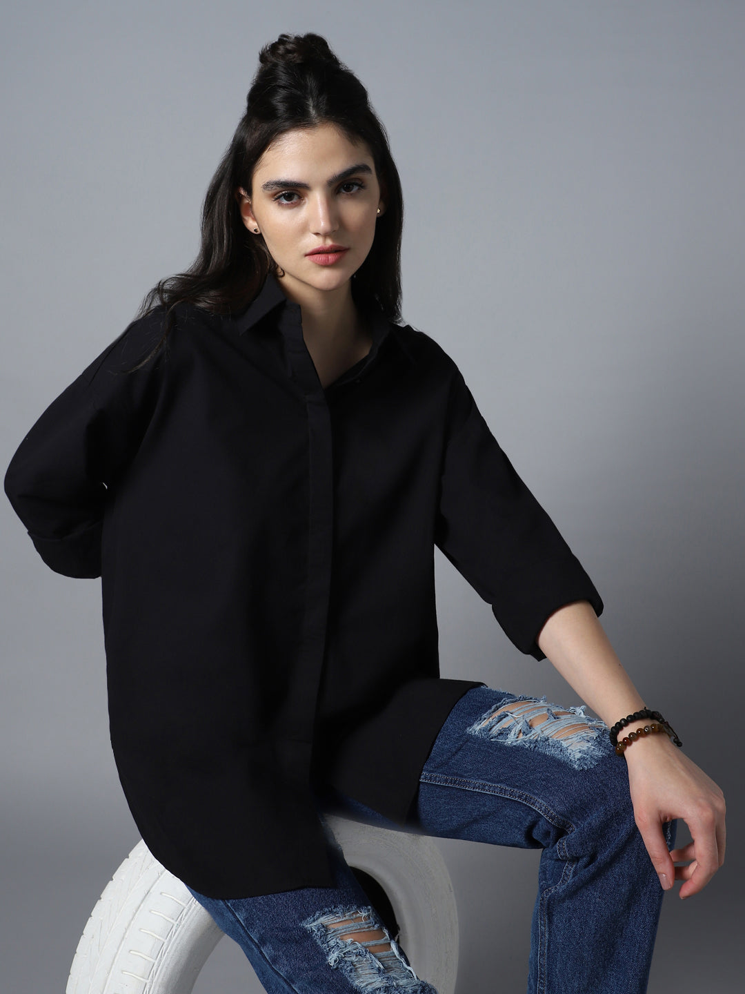 Relaxed Oversized Spread Collar Long Sleeve Cotton Longline Casual Shirt