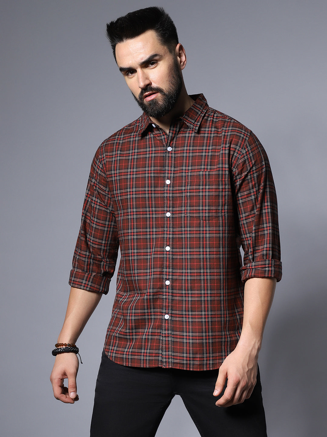 Checked Spread Collar Cotton Casual Shirt