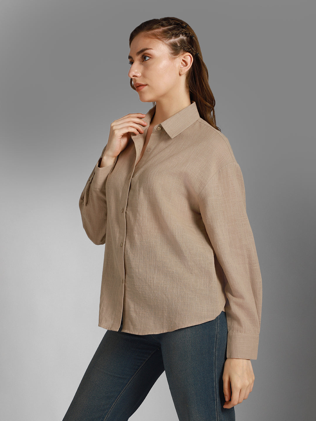 Classic Boxy Spread Collar Long Sleeves Cotton Casual Shirt