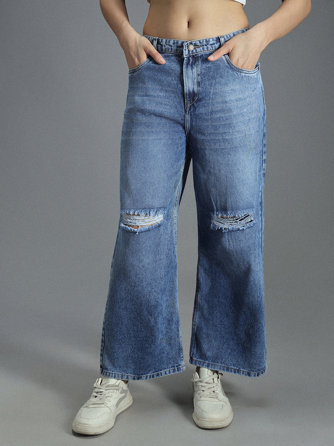 Women 90s Baggy Elasticated Waist Band Distress Cotton Jeans