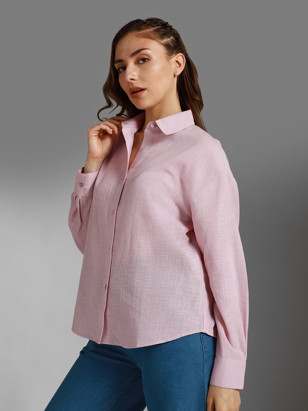 Classic Boxy Spread Collar Long Sleeves Cotton Casual Shirt